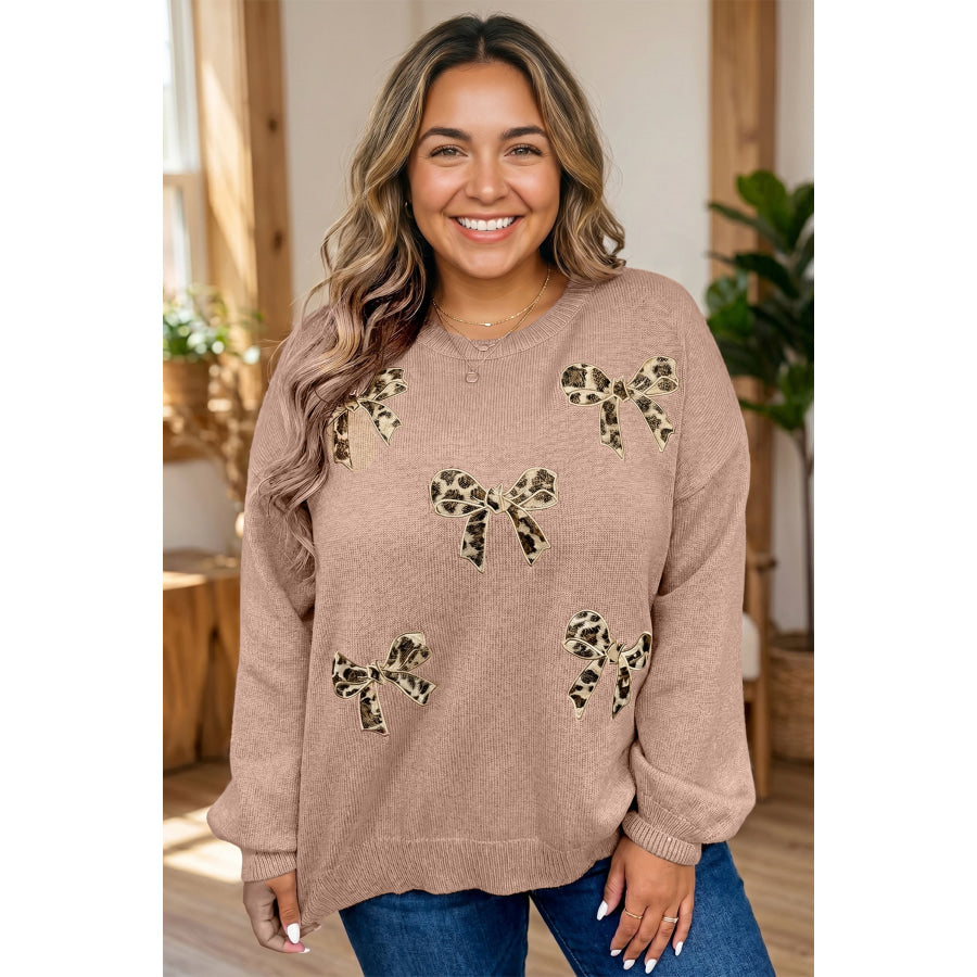 Dark Khaki Leopard Bow Embroidery Drop Shoulder Tunic Plus Size Sweater Size/Plus Sweaters & Cardigans