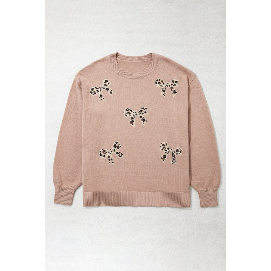 Dark Khaki Leopard Bow Embroidery Drop Shoulder Tunic Plus Size Sweater Size/Plus Sweaters & Cardigans