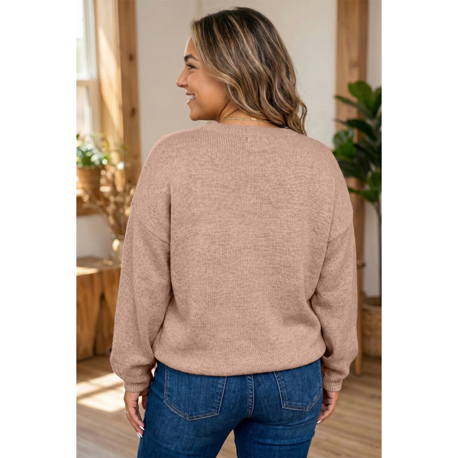 Dark Khaki Leopard Bow Embroidery Drop Shoulder Tunic Plus Size Sweater Size/Plus Sweaters & Cardigans