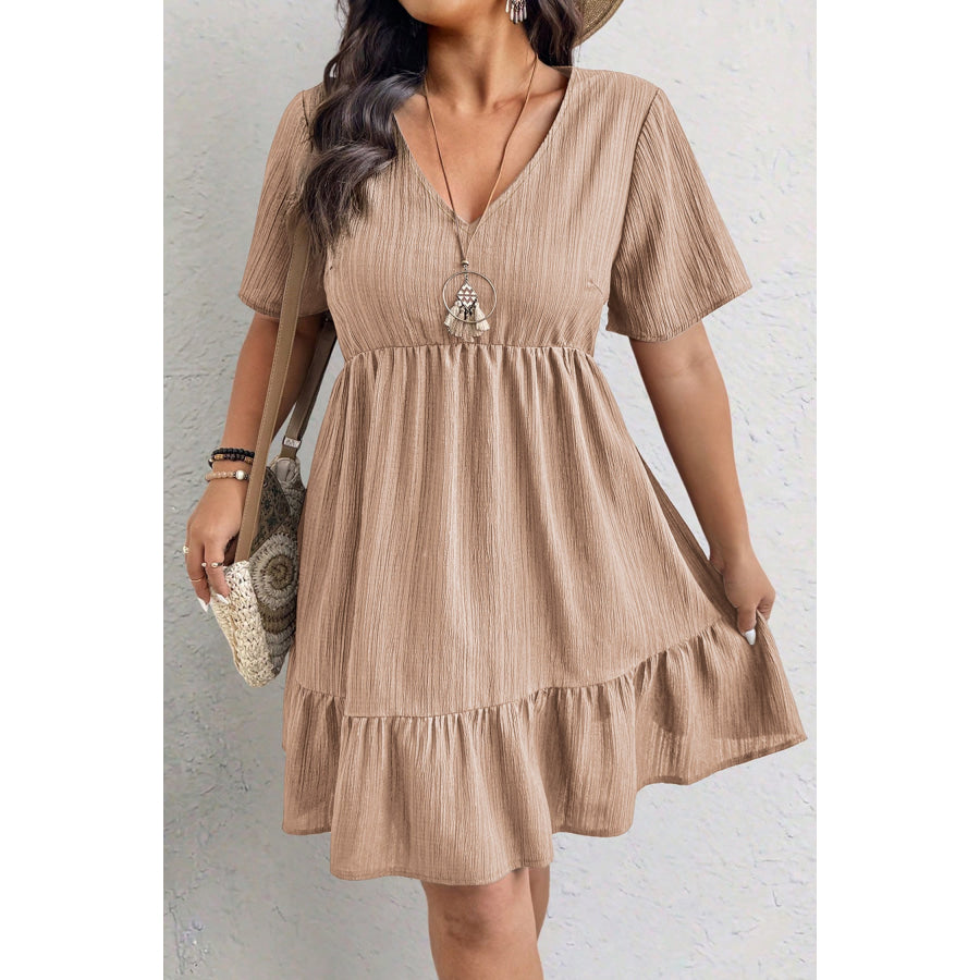 Dark Khaki Plus Size Textured Ruffled Short Sleeve Dress Dark Khaki / 1X / 97% Polyester + 3% Elastane Plus Size/Plus Size Dresses/Plus