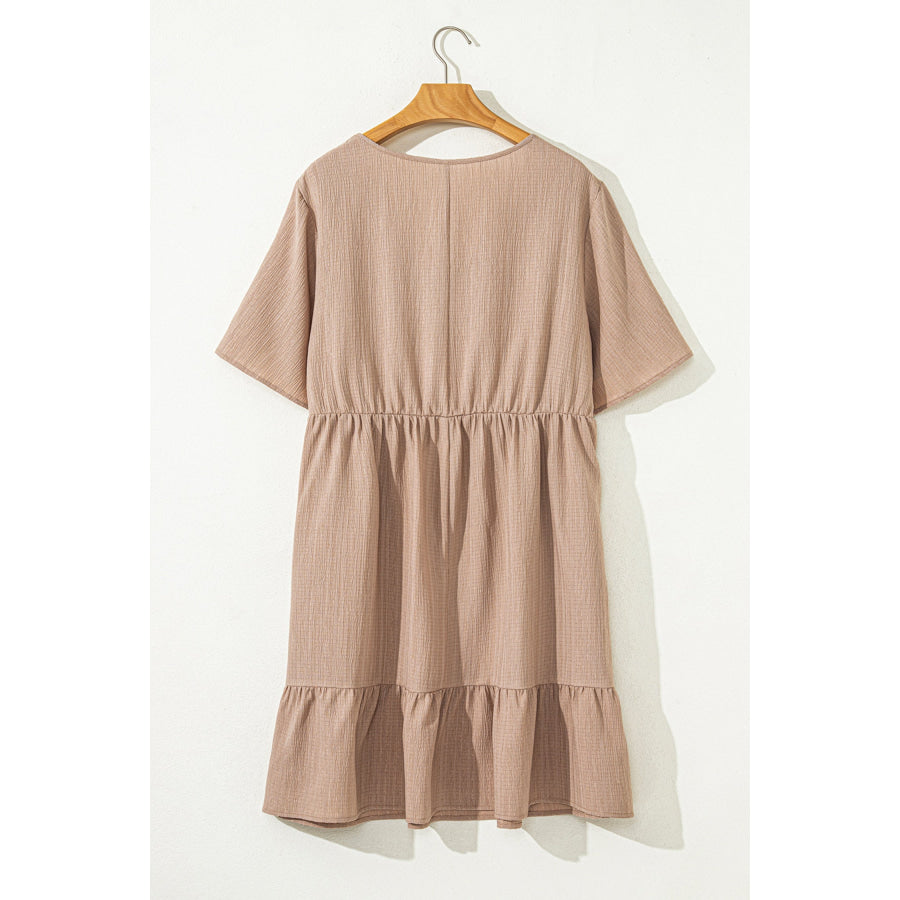 Dark Khaki Plus Size Textured Ruffled Short Sleeve Dress Plus Size/Plus Size Dresses/Plus Size Mini Dresses