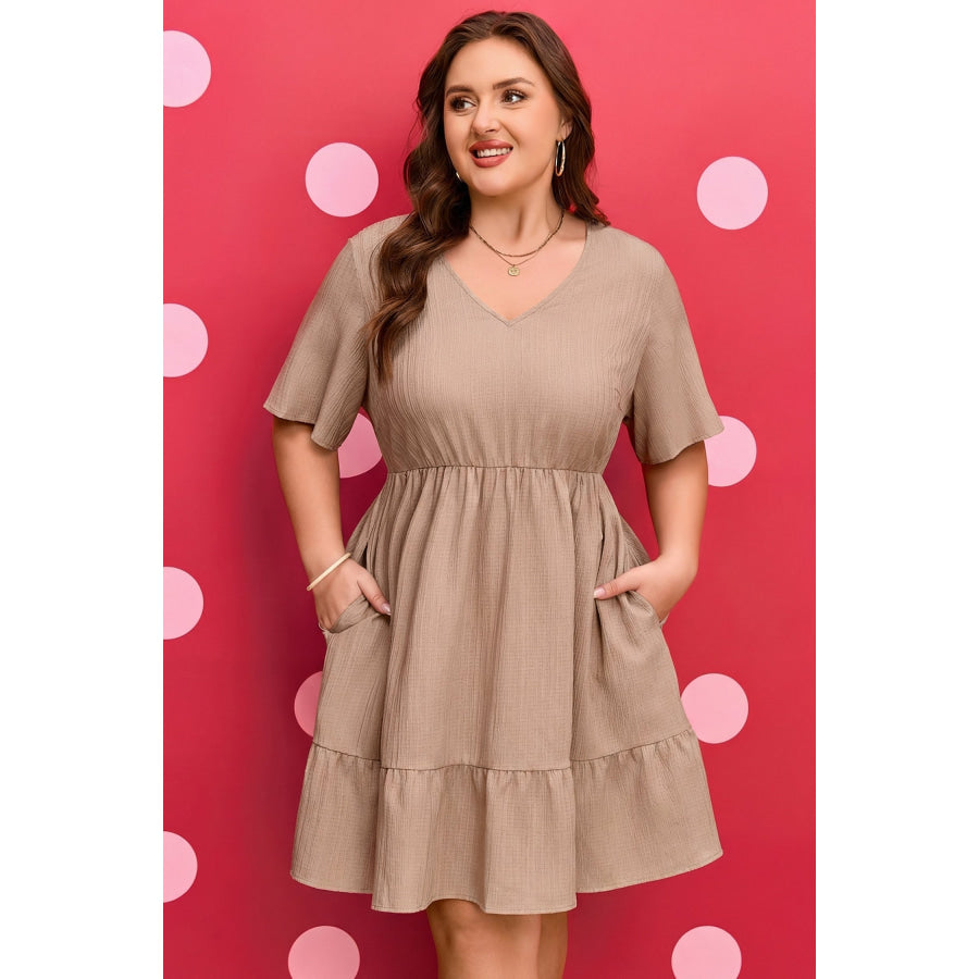 Dark Khaki Plus Size Textured Ruffled Short Sleeve Dress Plus Size/Plus Size Dresses/Plus Size Mini Dresses