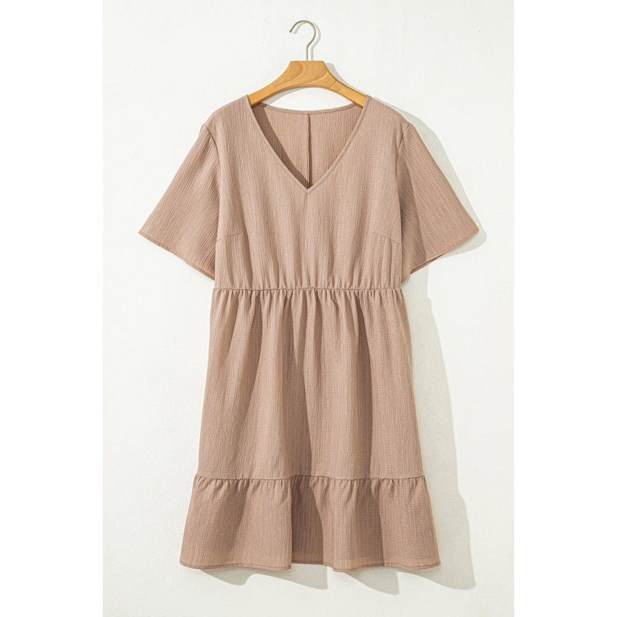Dark Khaki Plus Size Textured Ruffled Short Sleeve Dress Plus Size/Plus Size Dresses/Plus Size Mini Dresses