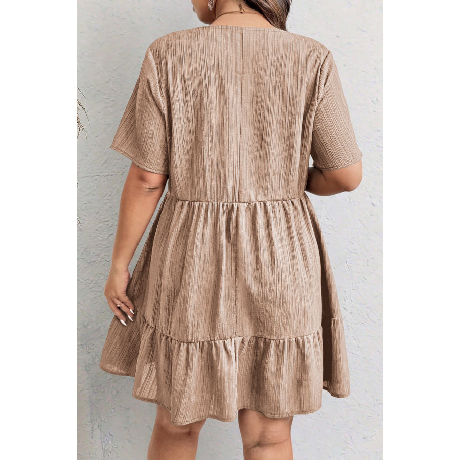 Dark Khaki Plus Size Textured Ruffled Short Sleeve Dress Plus Size/Plus Size Dresses/Plus Size Mini Dresses