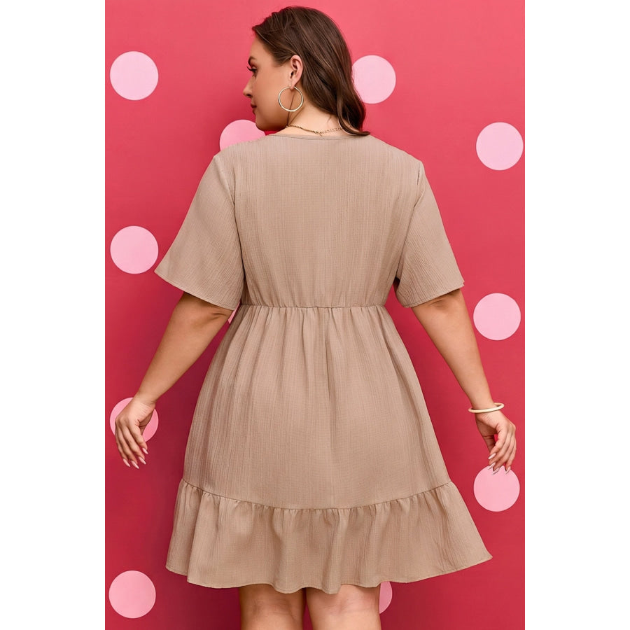Dark Khaki Plus Size Textured Ruffled Short Sleeve Dress Plus Size/Plus Size Dresses/Plus Size Mini Dresses