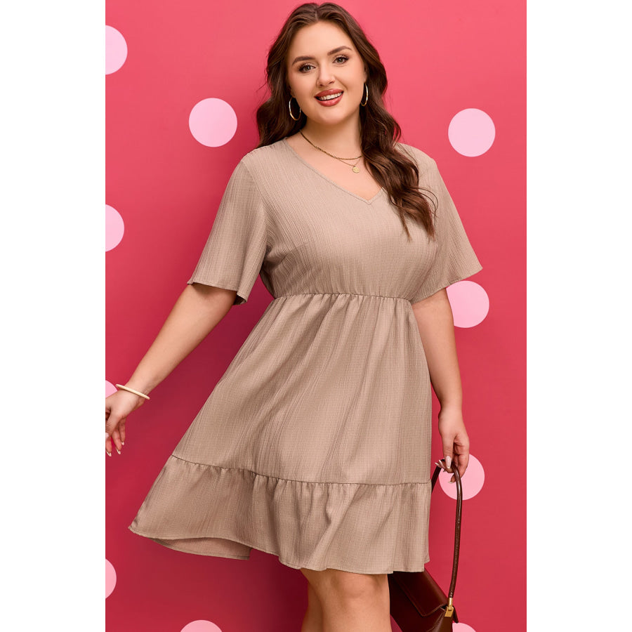Dark Khaki Plus Size Textured Ruffled Short Sleeve Dress Plus Size/Plus Size Dresses/Plus Size Mini Dresses