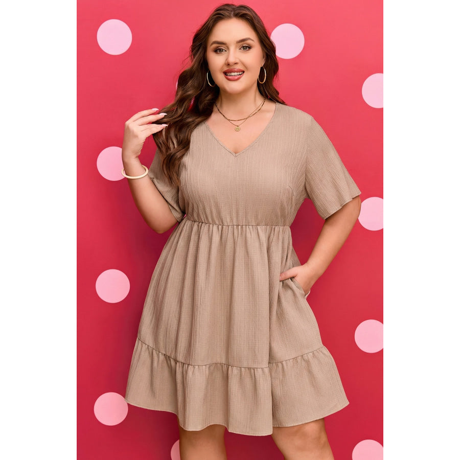Dark Khaki Plus Size Textured Ruffled Short Sleeve Dress Plus Size/Plus Size Dresses/Plus Size Mini Dresses