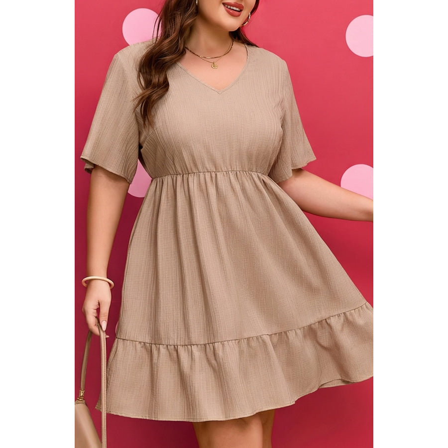 Dark Khaki Plus Size Textured Ruffled Short Sleeve Dress Plus Size/Plus Size Dresses/Plus Size Mini Dresses
