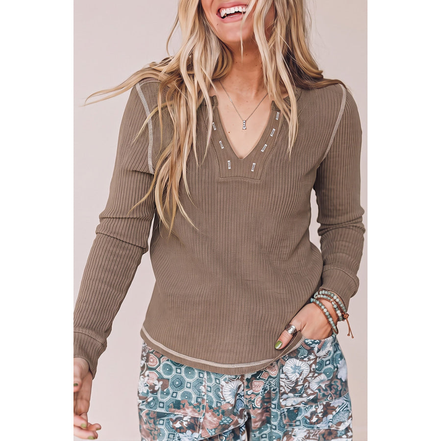 Dark Khaki V Neck Ribbed Stitched Detail Long Sleeve Top Dark Khaki / S Tops/Long Sleeve Tops