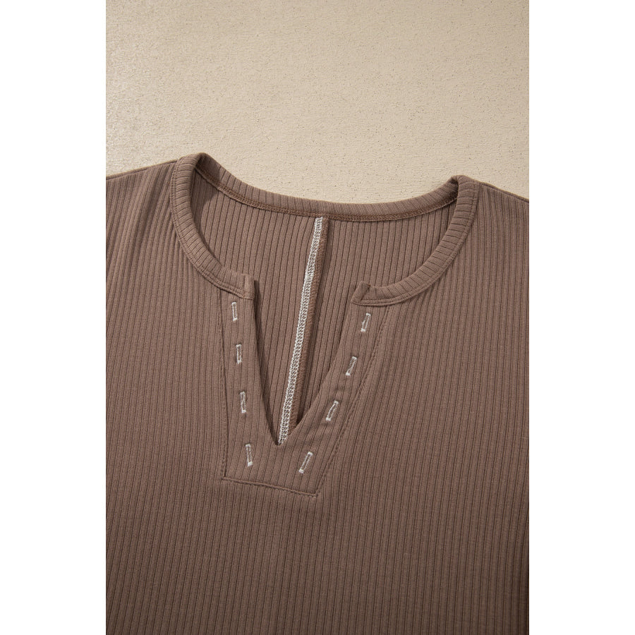 Dark Khaki V Neck Ribbed Stitched Detail Long Sleeve Top Tops/Long Sleeve Tops