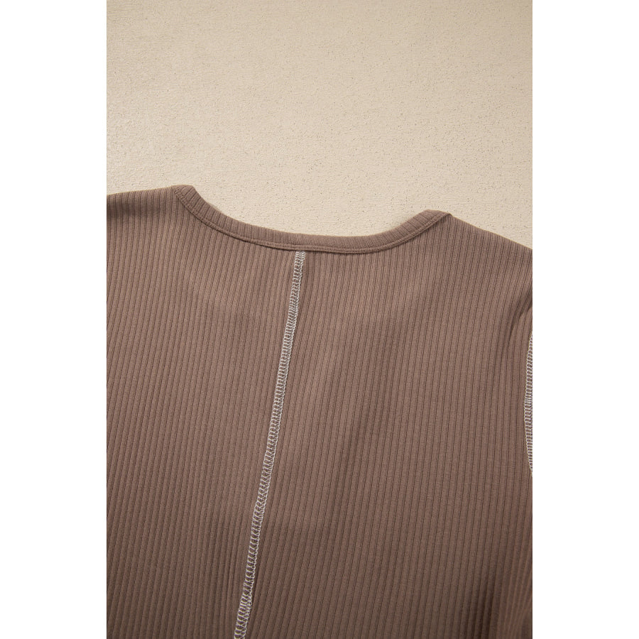 Dark Khaki V Neck Ribbed Stitched Detail Long Sleeve Top Tops/Long Sleeve Tops