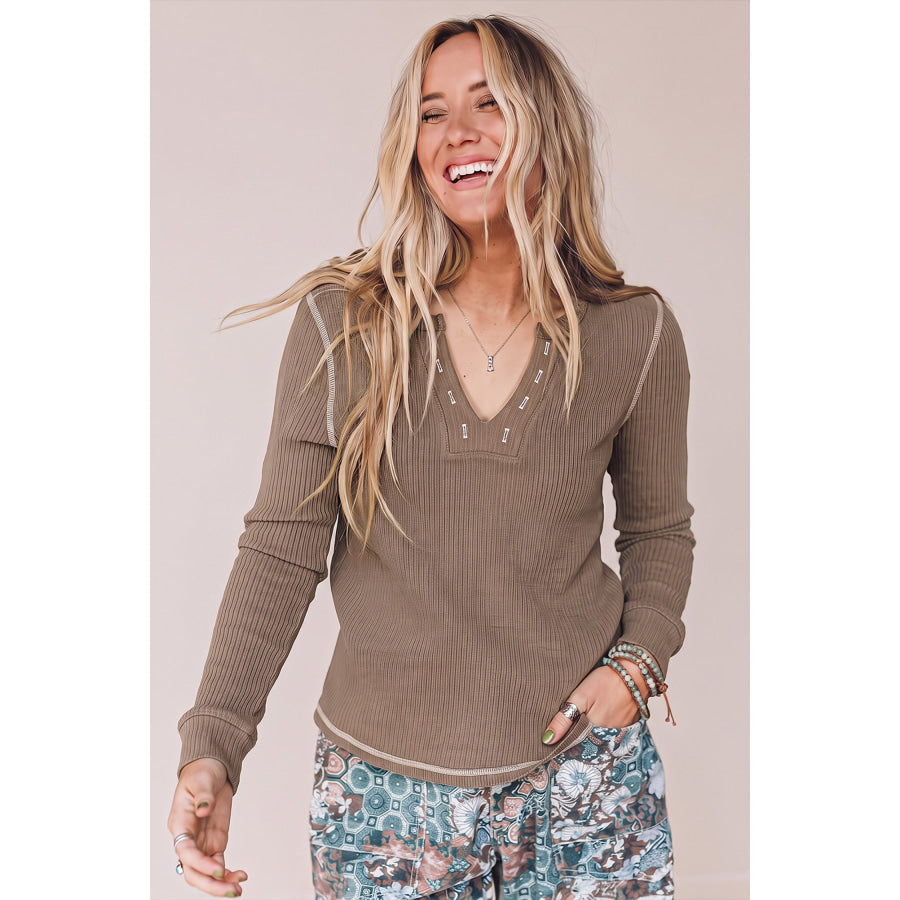 Dark Khaki V Neck Ribbed Stitched Detail Long Sleeve Top Tops/Long Sleeve Tops