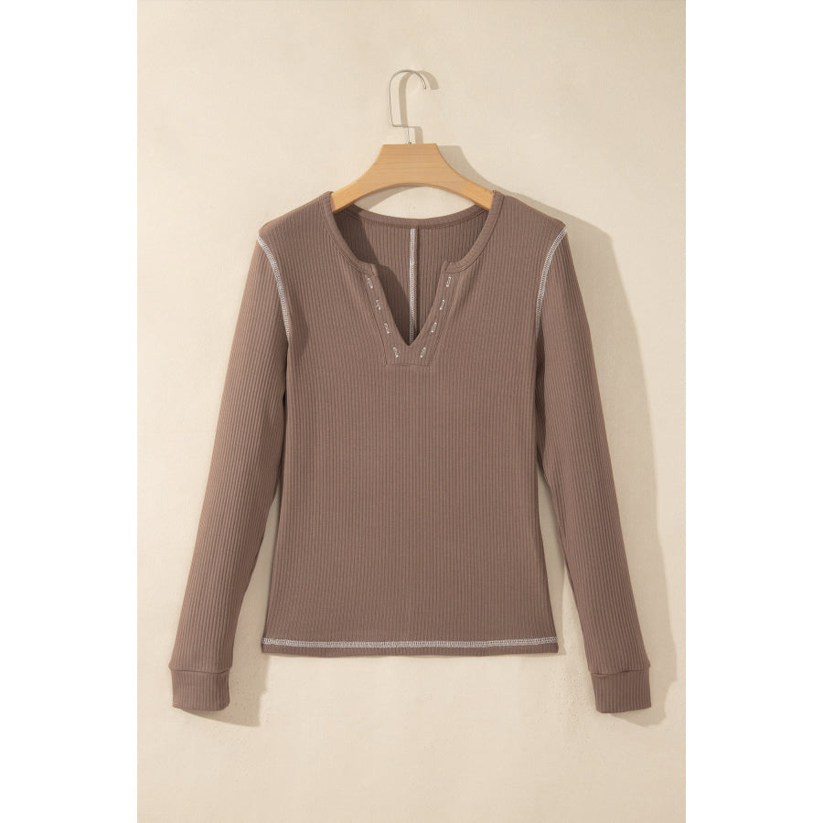 Dark Khaki V Neck Ribbed Stitched Detail Long Sleeve Top Tops/Long Sleeve Tops