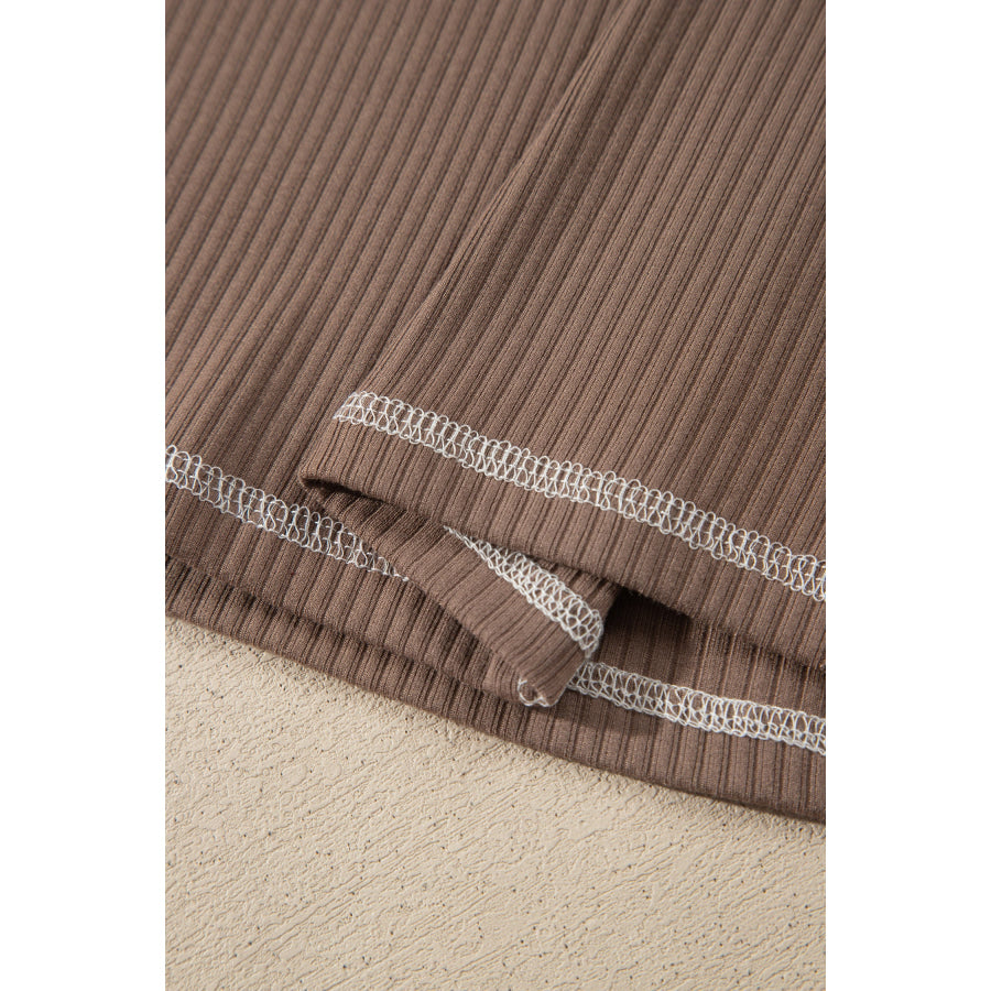 Dark Khaki V Neck Ribbed Stitched Detail Long Sleeve Top Tops/Long Sleeve Tops