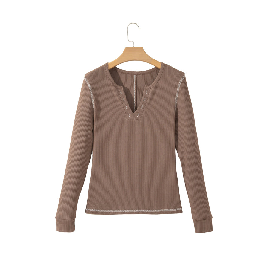 Dark Khaki V Neck Ribbed Stitched Detail Long Sleeve Top Tops/Long Sleeve Tops