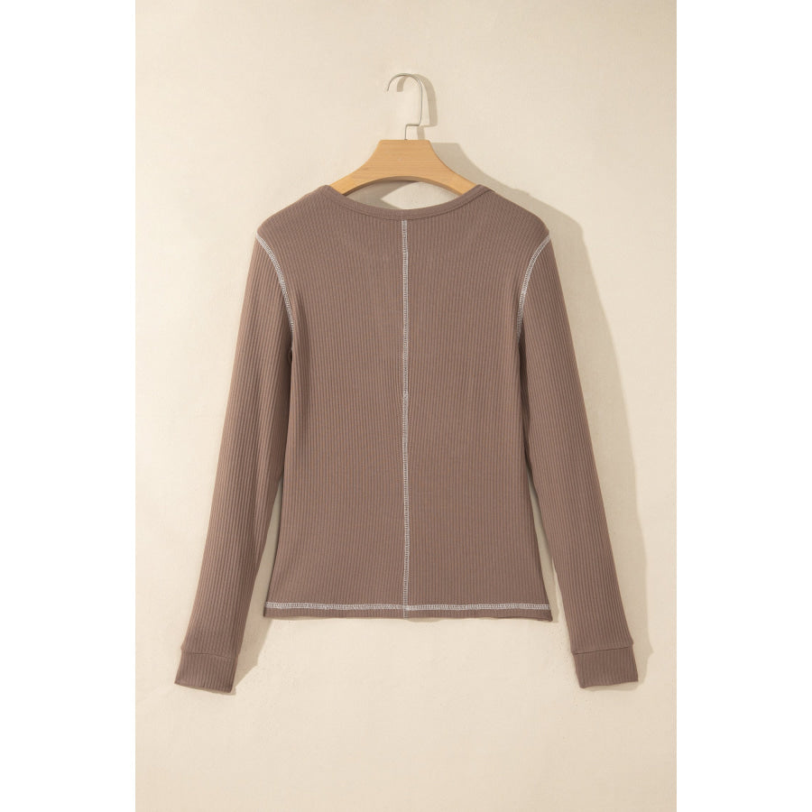 Dark Khaki V Neck Ribbed Stitched Detail Long Sleeve Top Tops/Long Sleeve Tops