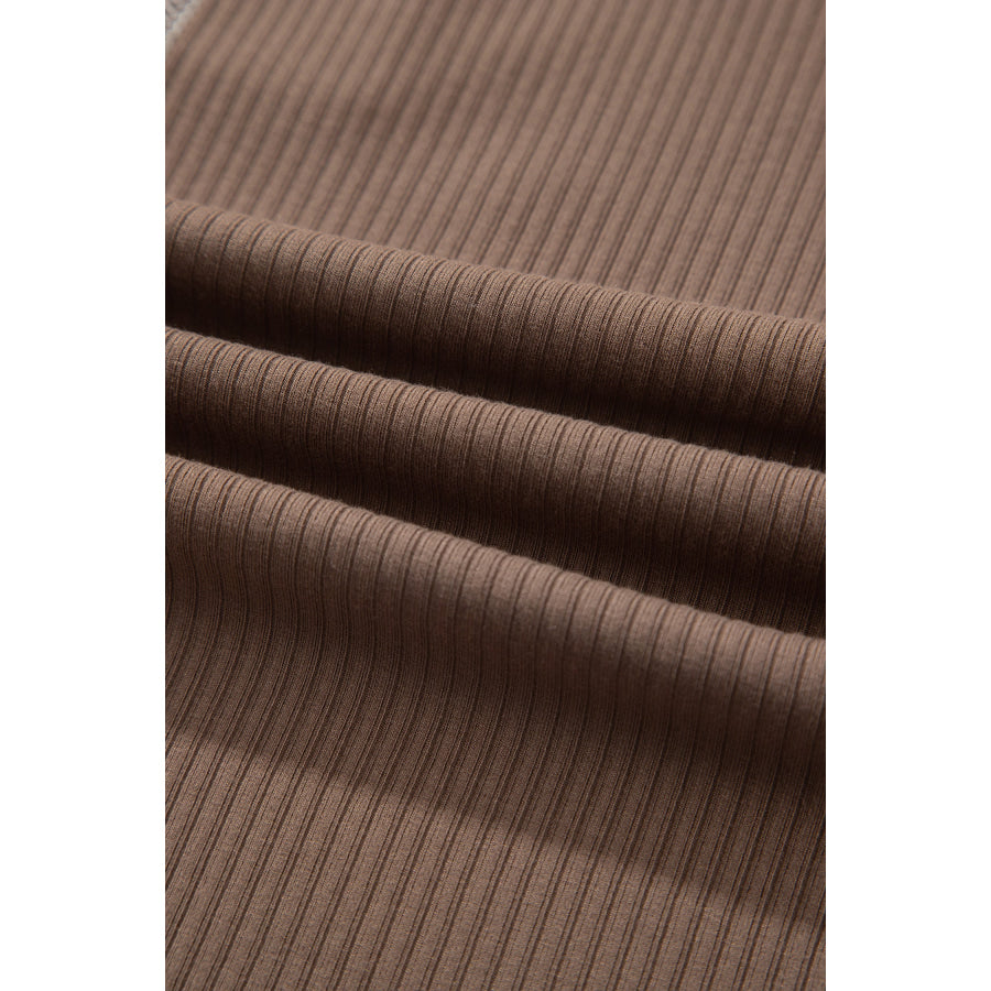 Dark Khaki V Neck Ribbed Stitched Detail Long Sleeve Top Tops/Long Sleeve Tops