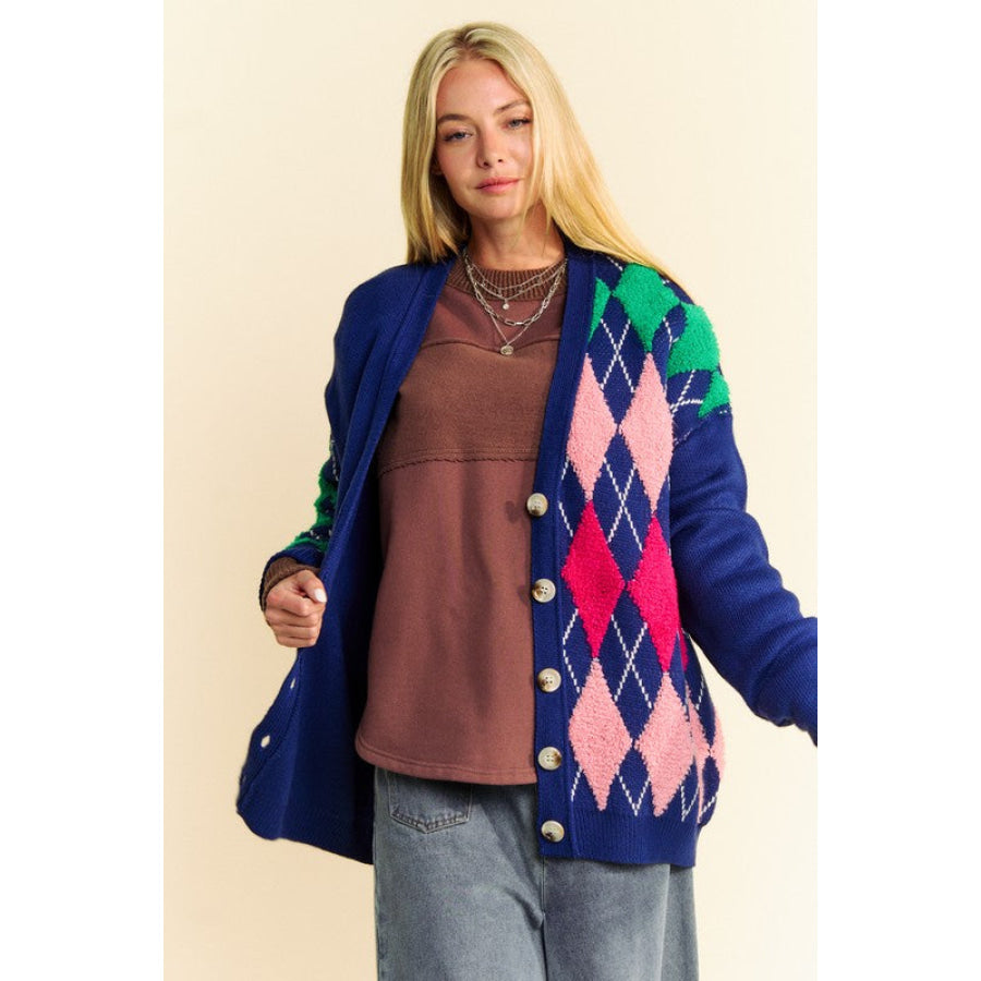 Davi &amp; Dani Argyle V-Neck Dropped Shoulder Cardigan Apparel and Accessories