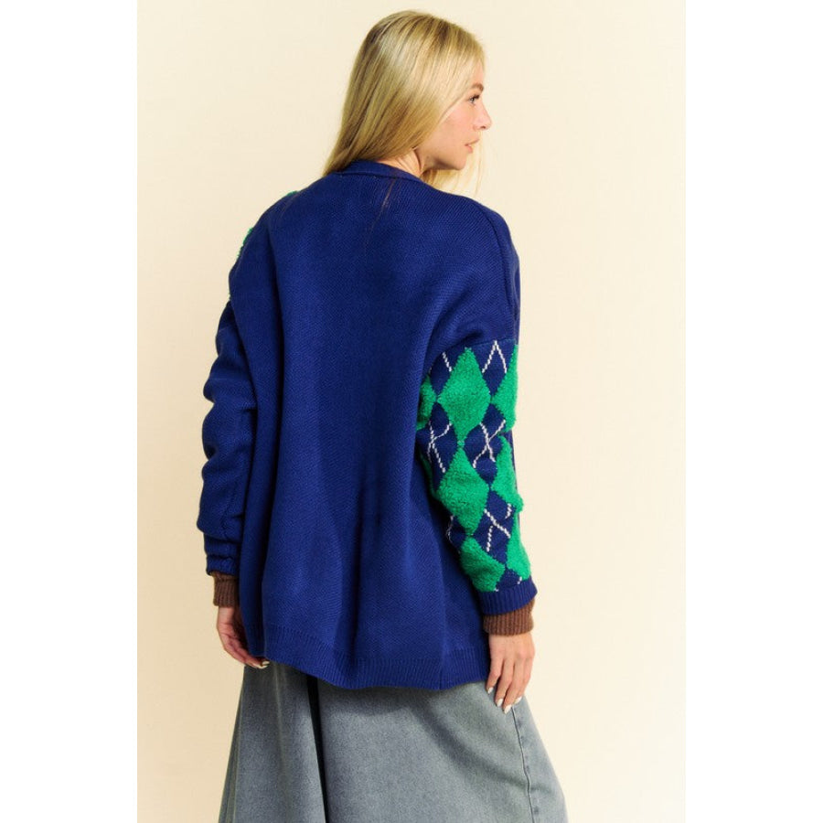 Davi & Dani Argyle V-Neck Dropped Shoulder Cardigan Navy / S Apparel and Accessories