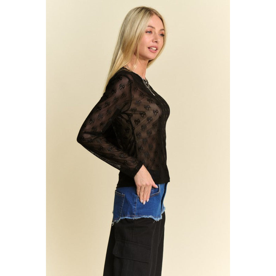 Davi & Dani Bow Mesh Round Neck Long Sleeve Top Apparel and Accessories