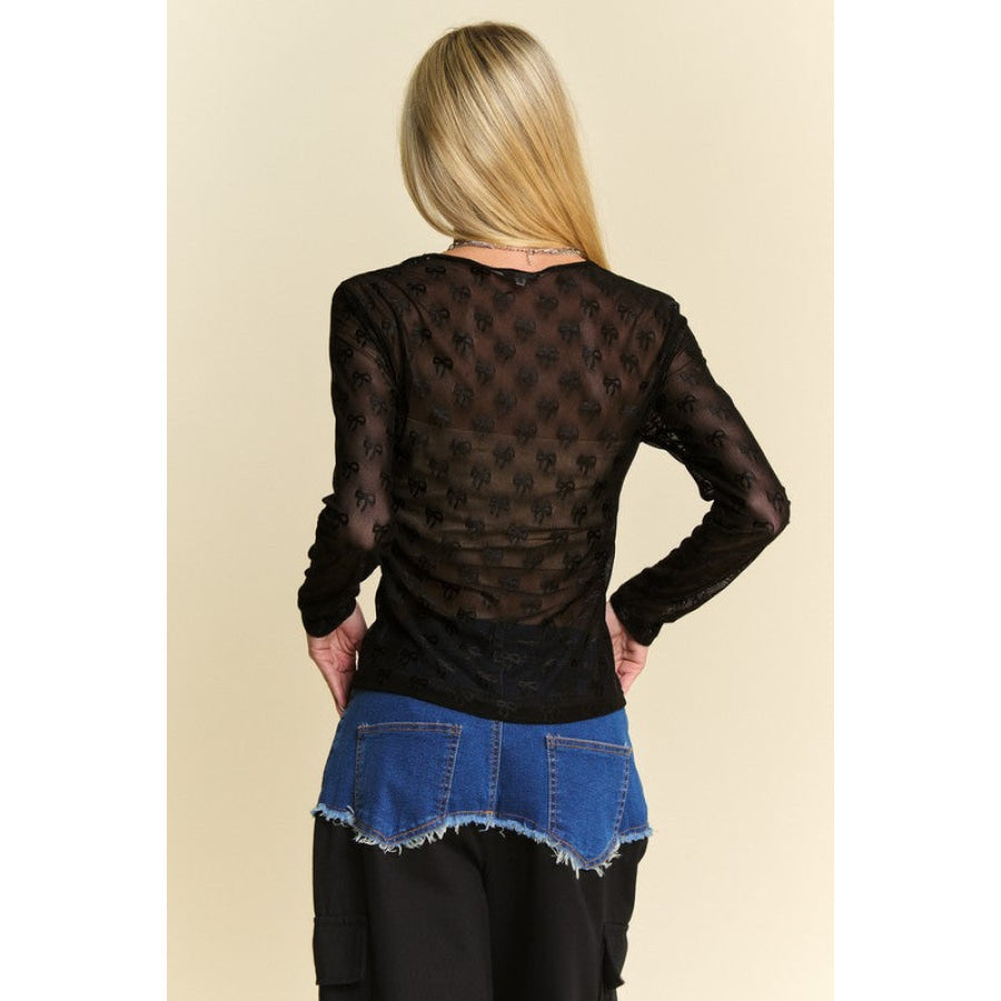 Davi & Dani Bow Mesh Round Neck Long Sleeve Top Black / S Apparel and Accessories