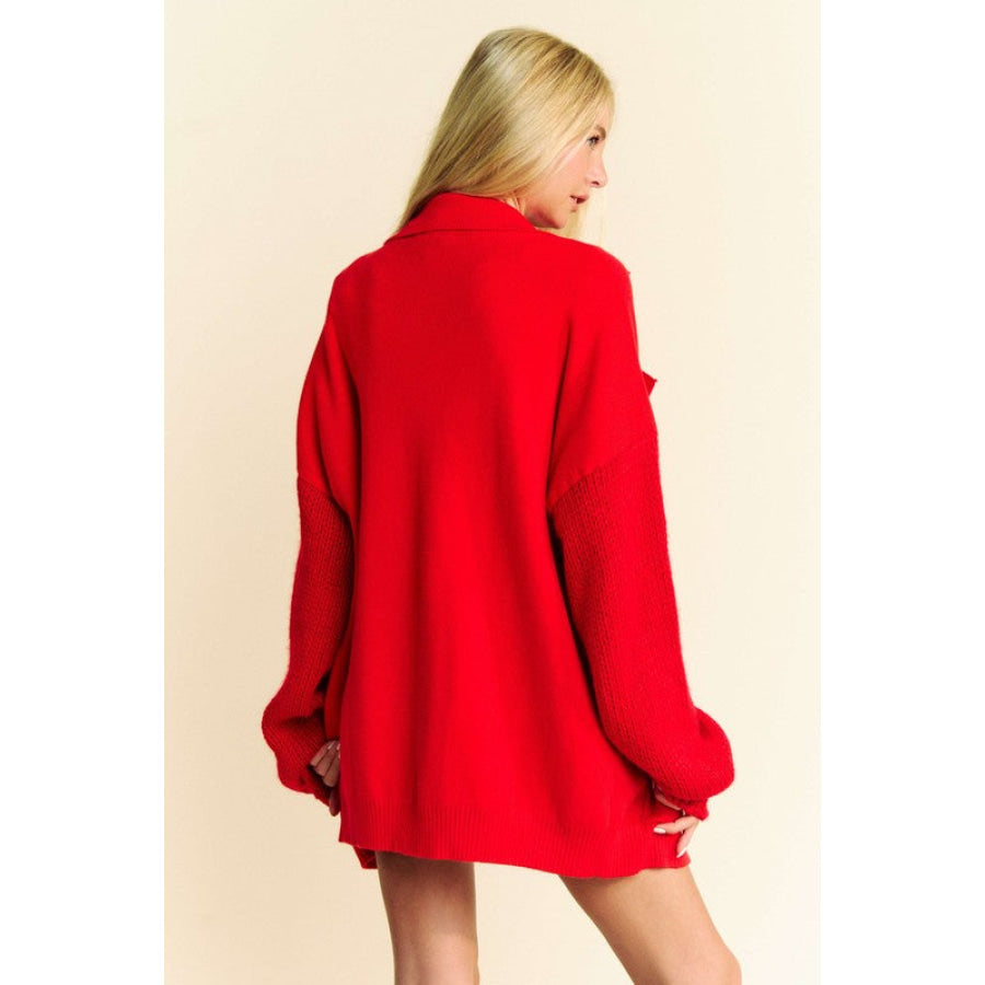 Davi & Dani Button Up Dropped Shoulder Cardigan with Pockets Red / S Apparel and Accessories