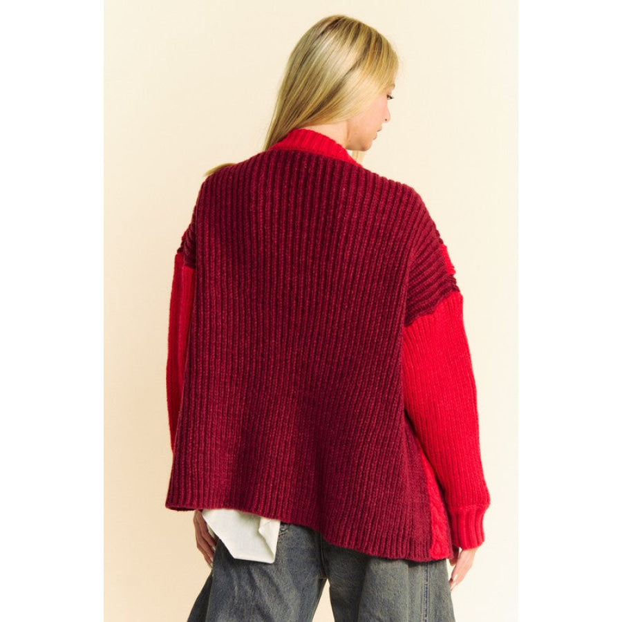 Davi & Dani Cable-Knit Color Block Open Front Cardigan Burgundy / S Apparel and Accessories