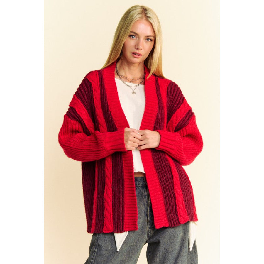 Davi & Dani Cable-Knit Color Block Open Front Cardigan Burgundy / S Apparel and Accessories