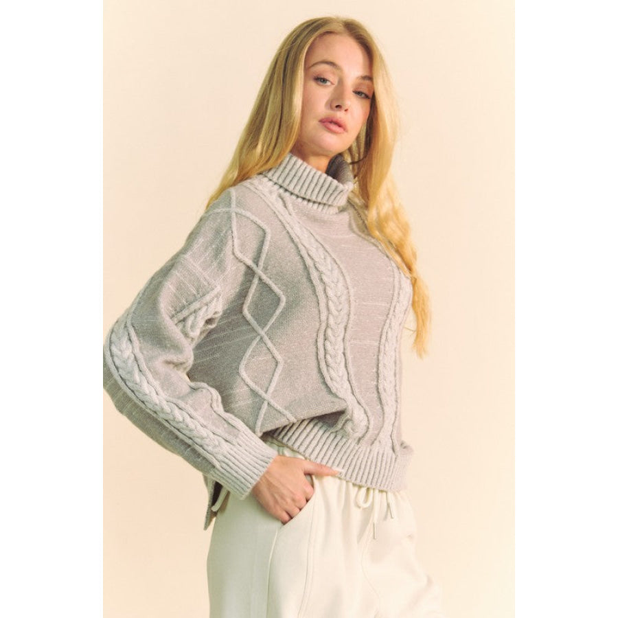 Davi &amp; Dani Cable-Knit Turtleneck Dropped Shoulder Sweater Apparel and Accessories