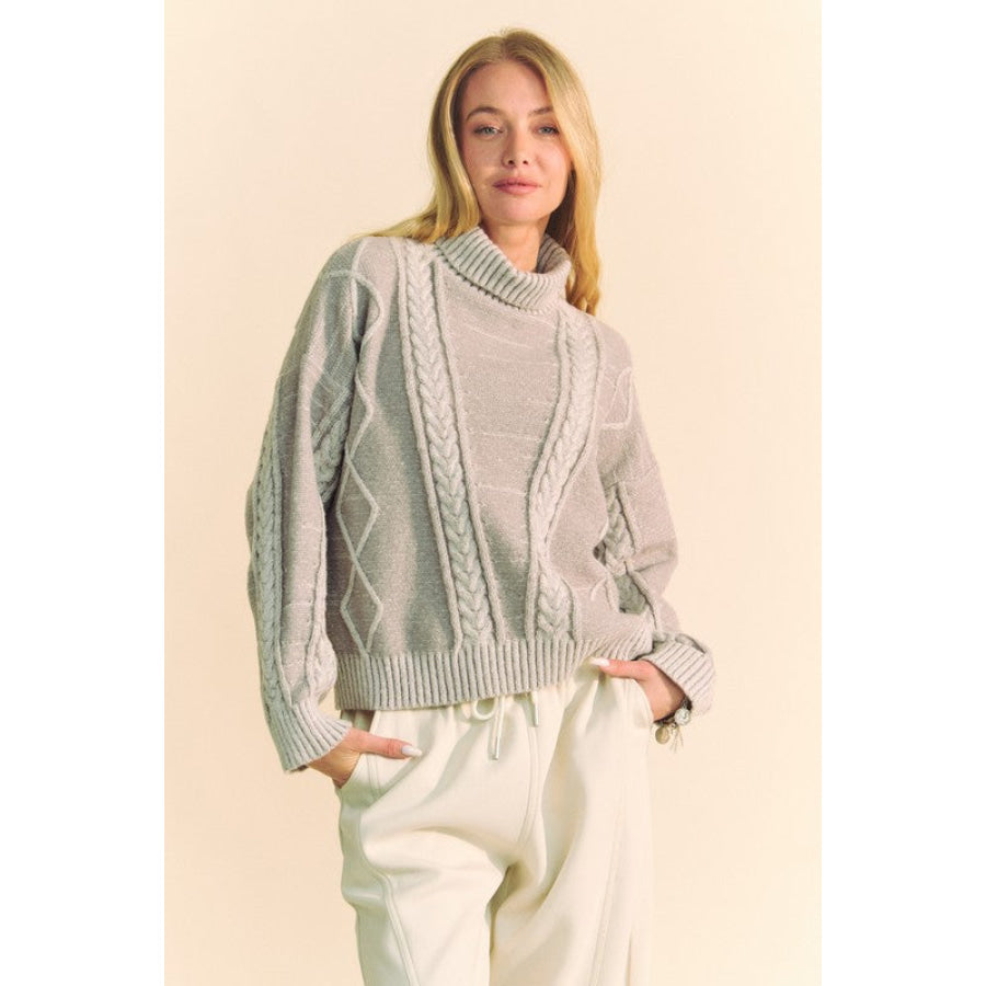 Davi &amp; Dani Cable-Knit Turtleneck Dropped Shoulder Sweater Gray / S Apparel and Accessories