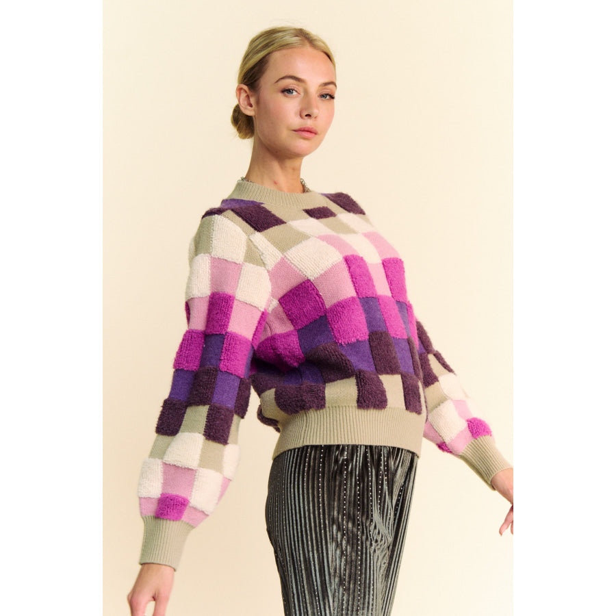 Davi &amp; Dani Checkered Round Neck Long Sleeve Sweater Apparel and Accessories