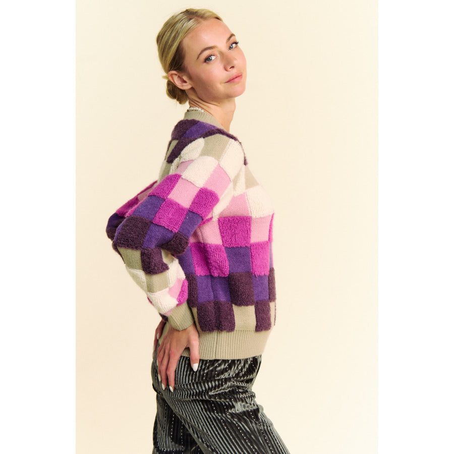 Davi &amp; Dani Checkered Round Neck Long Sleeve Sweater Apparel and Accessories