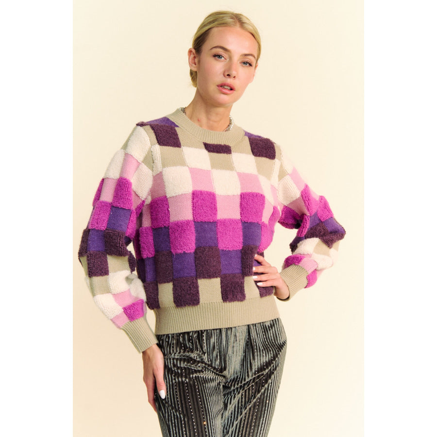 Davi &amp; Dani Checkered Round Neck Long Sleeve Sweater Apparel and Accessories