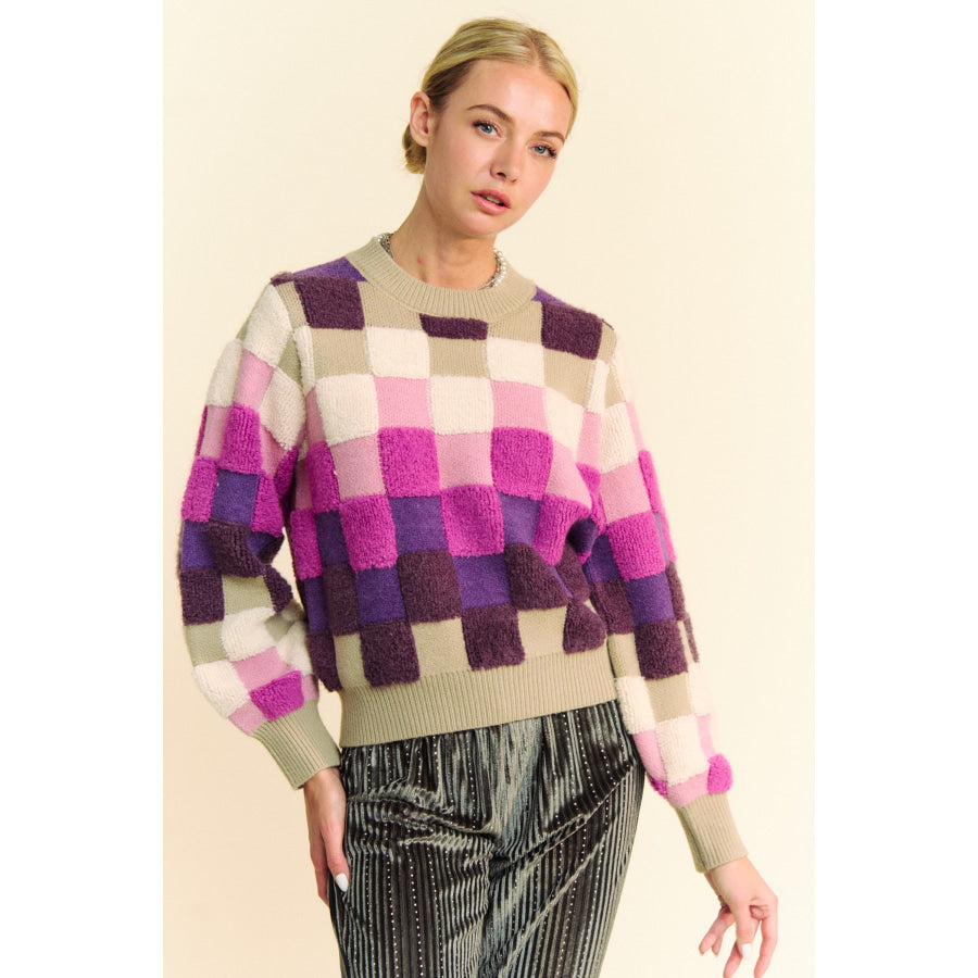 Davi &amp; Dani Checkered Round Neck Long Sleeve Sweater Apparel and Accessories