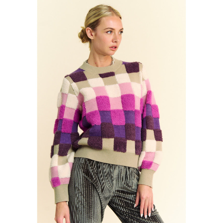 Davi & Dani Checkered Round Neck Long Sleeve Sweater Purple Multi / S Apparel and Accessories