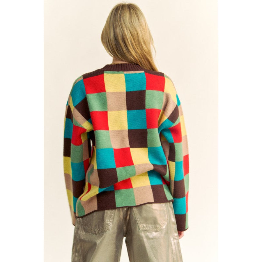 Davi & Dani Color Block Checkered Dropped Shoulder Sweater Brown Multicolor / S Apparel and Accessories