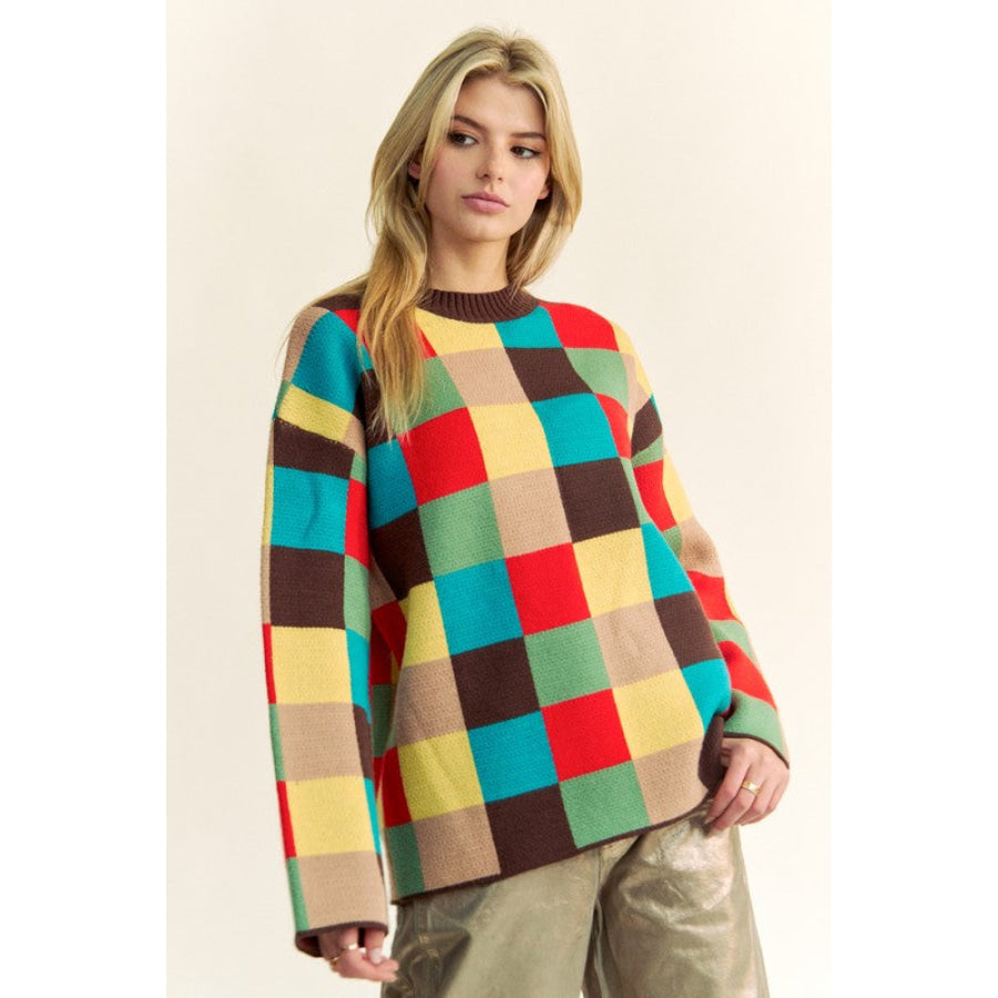 Davi & Dani Color Block Checkered Dropped Shoulder Sweater Apparel and Accessories