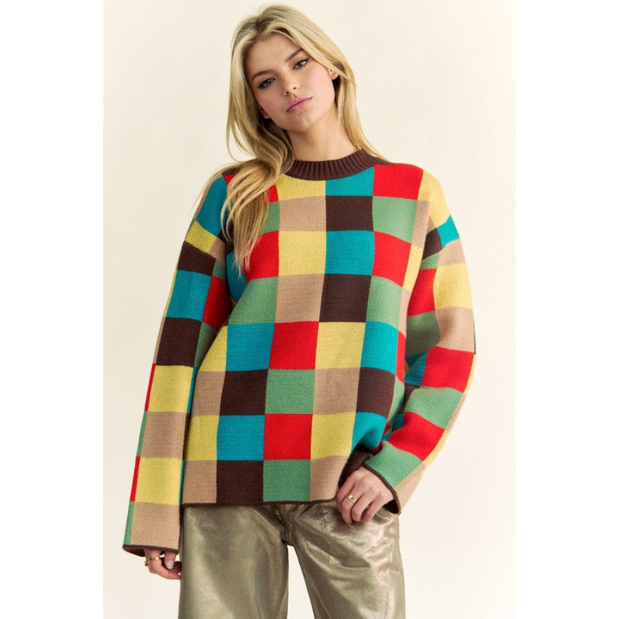 Davi & Dani Color Block Checkered Dropped Shoulder Sweater Brown Multicolor / S Apparel and Accessories