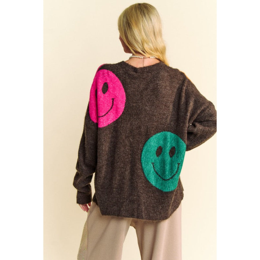 Davi &amp; Dani Contrast Smile Round Neck Oversize Sweater Apparel and Accessories