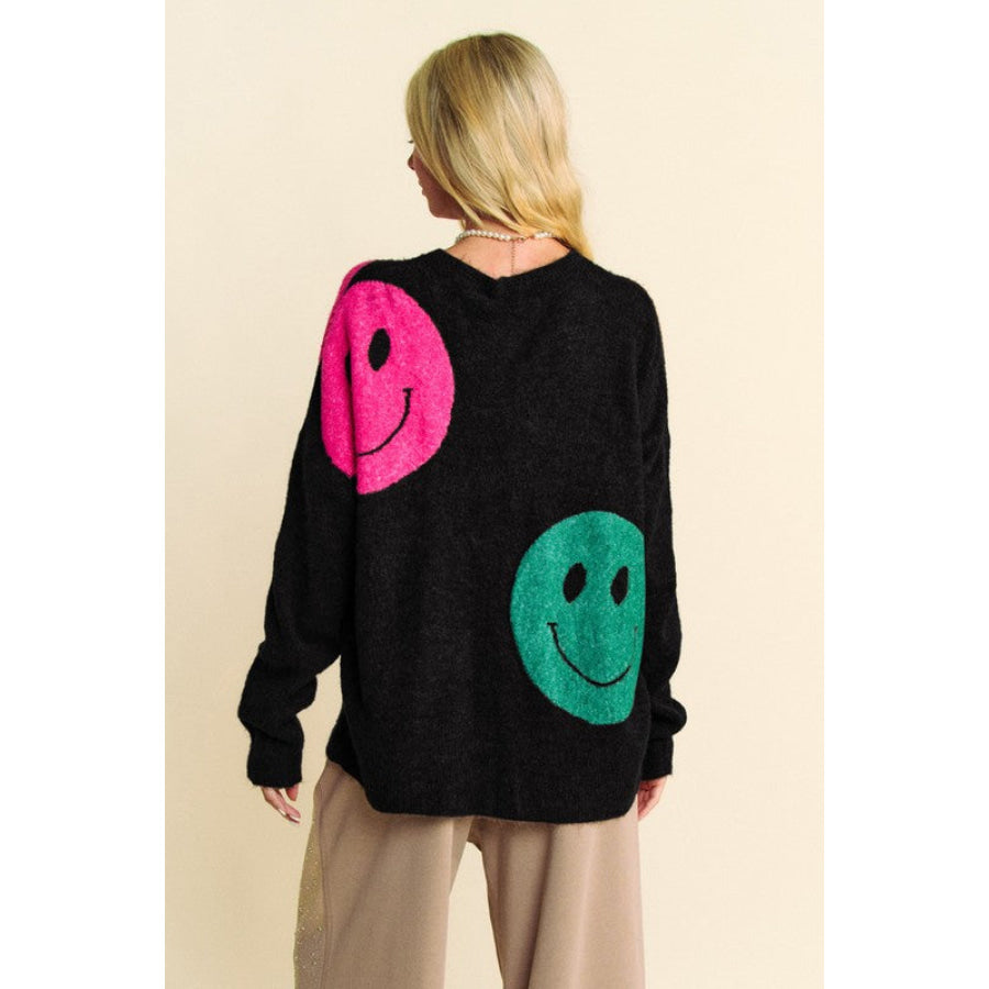 Davi &amp; Dani Contrast Smile Round Neck Oversize Sweater Apparel and Accessories