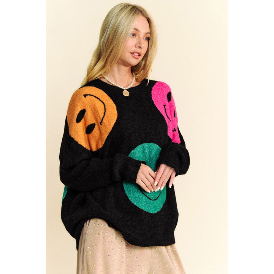 Davi &amp; Dani Contrast Smile Round Neck Oversize Sweater Apparel and Accessories