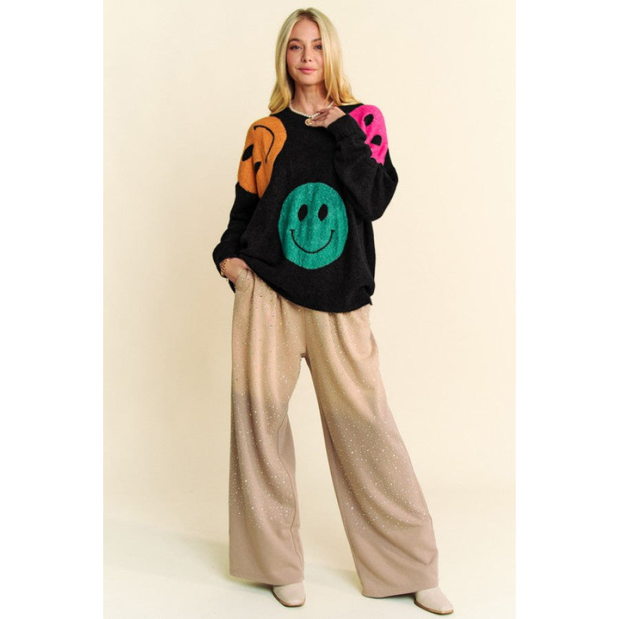 Davi &amp; Dani Contrast Smile Round Neck Oversize Sweater Apparel and Accessories