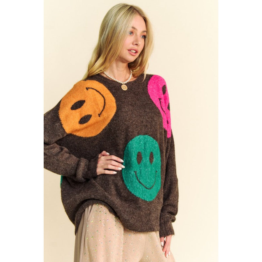 Davi &amp; Dani Contrast Smile Round Neck Oversize Sweater Apparel and Accessories