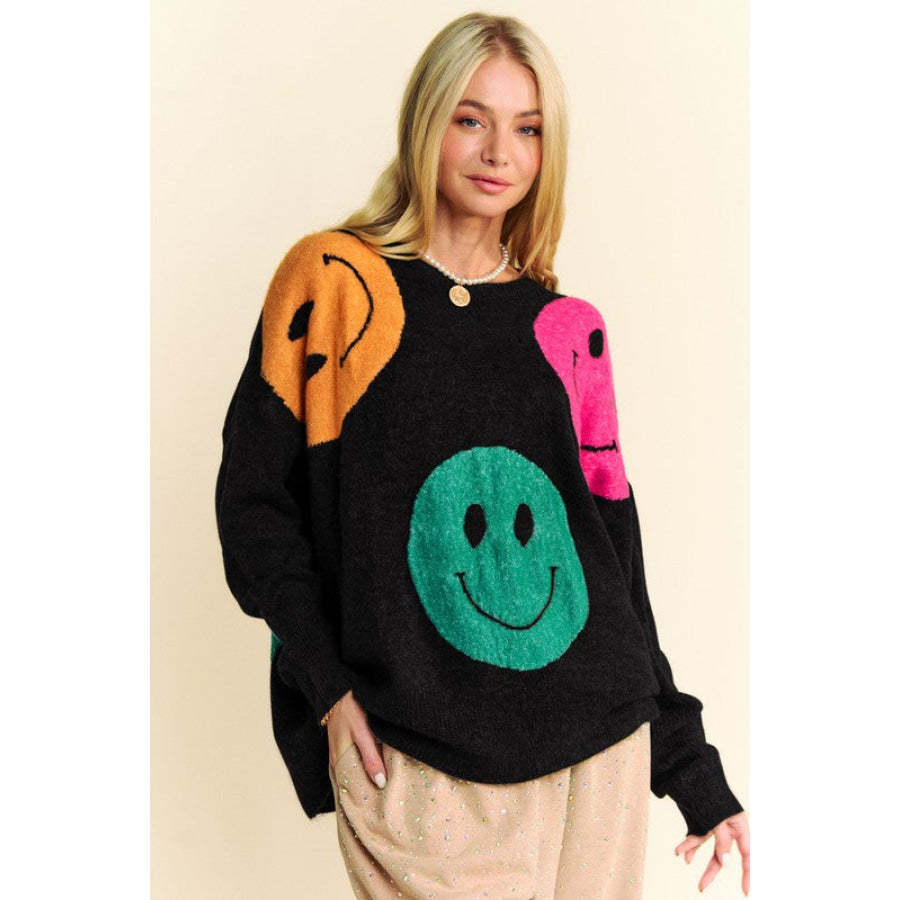 Davi &amp; Dani Contrast Smile Round Neck Oversize Sweater Black / S Apparel and Accessories