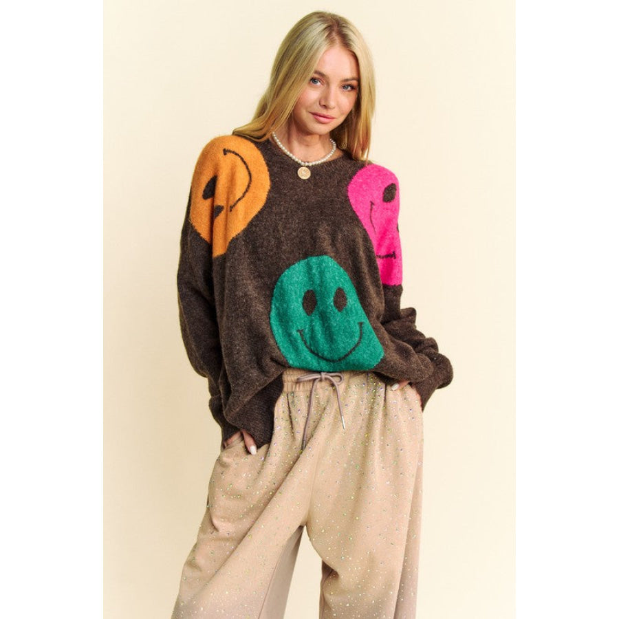 Davi &amp; Dani Contrast Smile Round Neck Oversize Sweater Dark Brown / S Apparel and Accessories