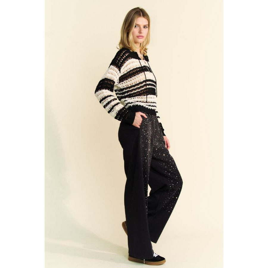 Davi & Dani Contrast Striped Crochet Drop Shoulder Knit Cover Up Apparel and Accessories