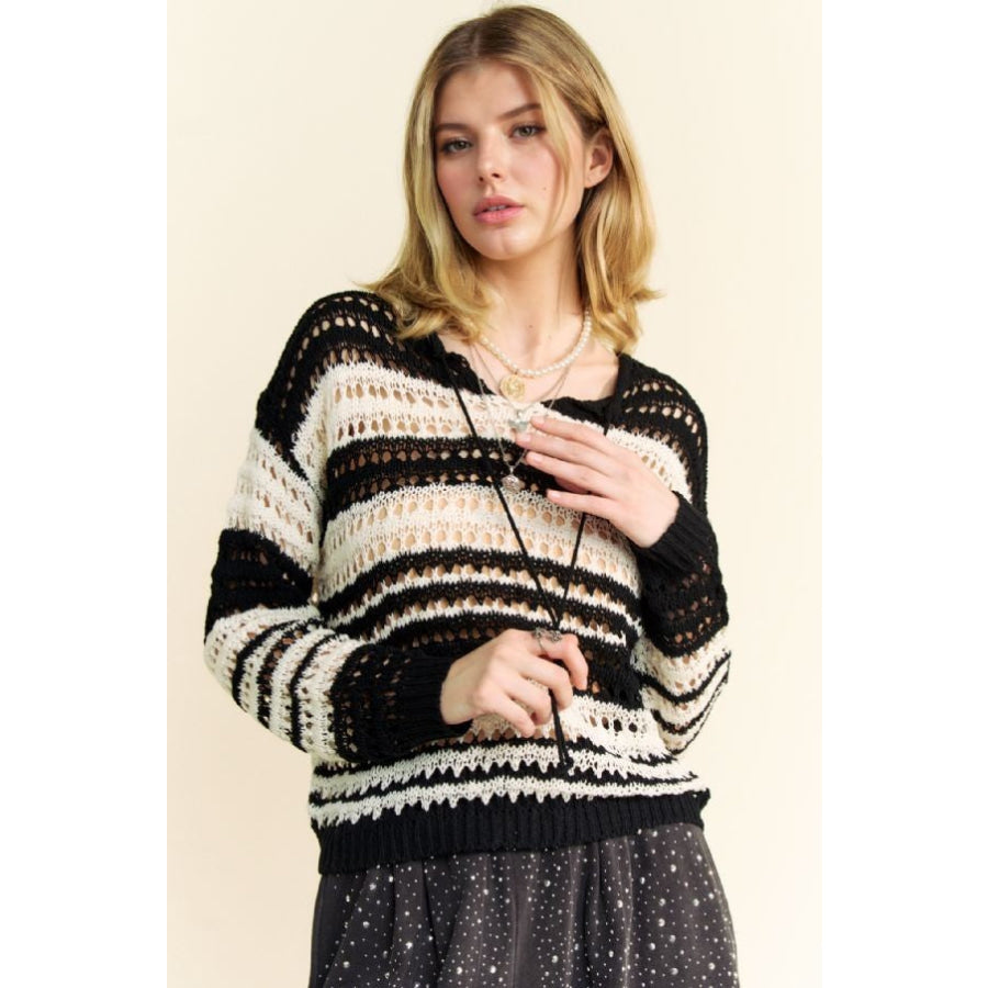 Davi & Dani Contrast Striped Crochet Drop Shoulder Knit Cover Up Apparel and Accessories