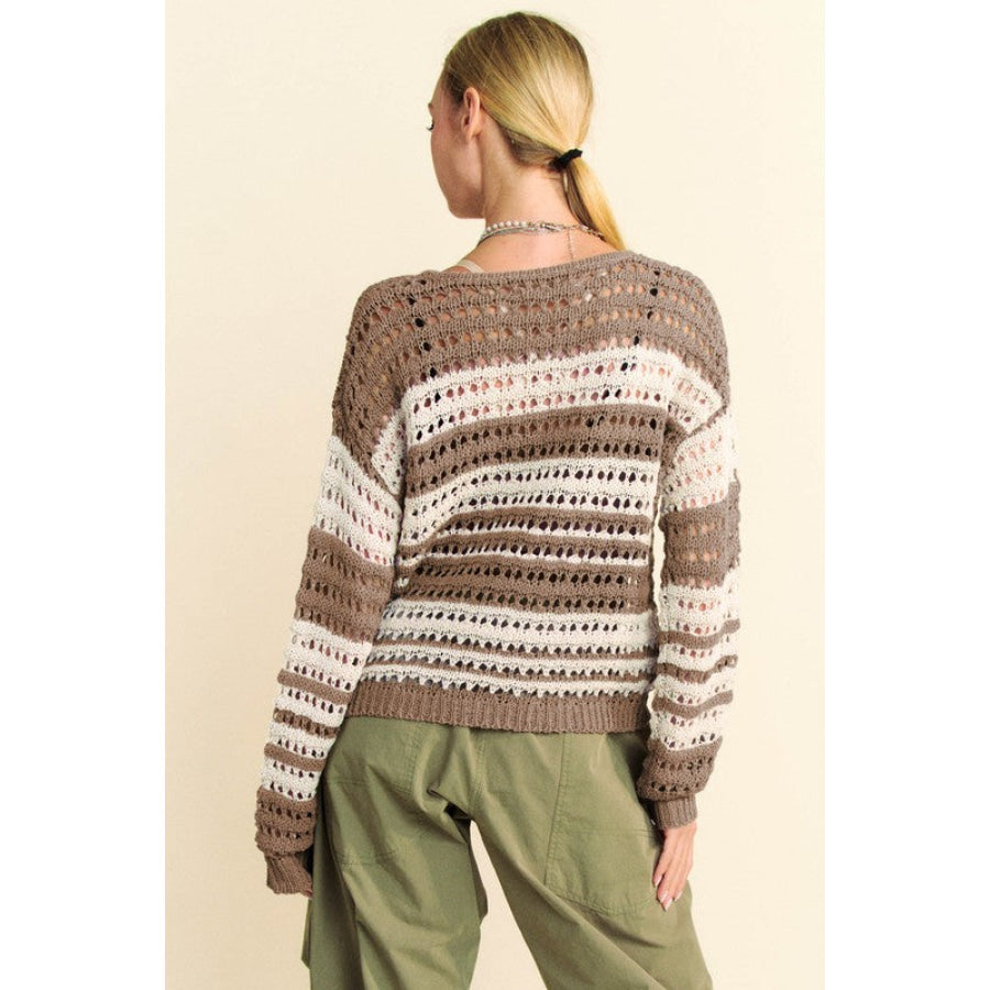 Davi & Dani Contrast Striped Crochet Drop Shoulder Knit Cover Up Taupe / S Apparel and Accessories