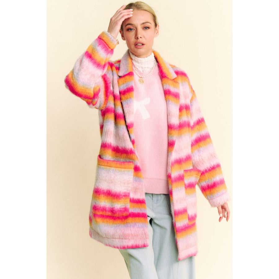 Davi & Dani Contrast Striped Open Front Coat with Pockets Apparel and Accessories