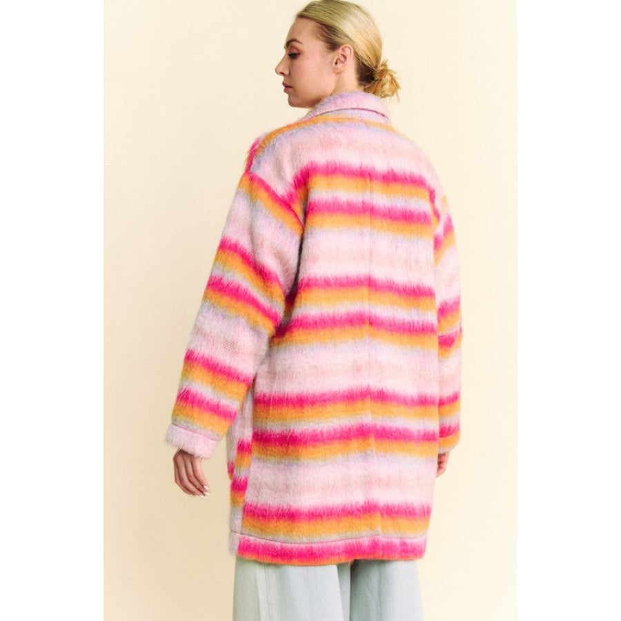 Davi & Dani Contrast Striped Open Front Coat with Pockets Pink Orange / S Apparel and Accessories